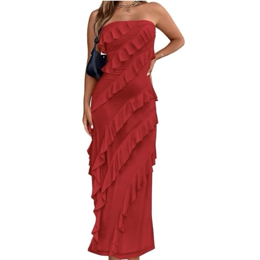 BTFBM Women Summer Elegant Strapless Midi Ruched Bodycon Dress Red‎ Size S